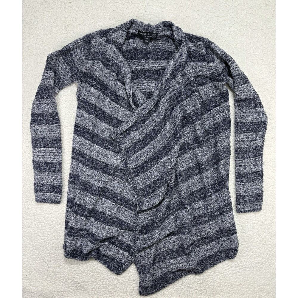 Barefoot‎ Dreams Cardigan Cozy Chic Lite Open Front S/M Blue Grey Stripe Sweater